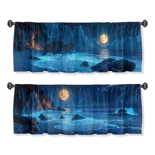 Beach Curtain Valance for Windows 2 Pack Moon Star Sky Blue Wave Rod Pocket Window Treatments Short Curtains for Kitchen Windows Bathroom Bedroom 54x18 Inch - color: Beach