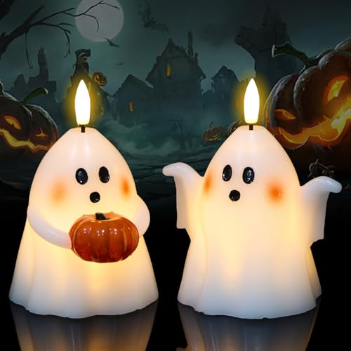 Wondise Halloween Flameless Candles with 6hrs Timer Spooky Ghost - color: 1-White