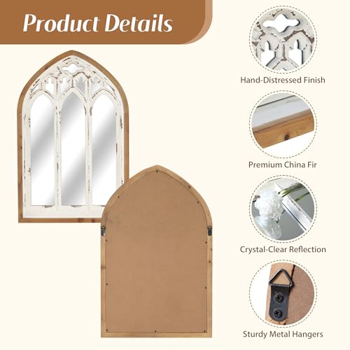Arch Window Wall Mirror - Farmhouse Cathedral Wall Decor with Wooden Frame for Entryway Hallway Living Room - 16.14" x 1.38" x 25.2"