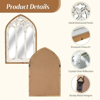 Arch Window Wall Mirror - Farmhouse Cathedral Wall Decor with Wooden Frame for Entryway Hallway Living Room - 16.14" x 1.38" x 25.2"