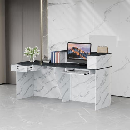 62.9"Reception Desk with Vertical Slat Panels for Office, Salon & Lobby - color: White Marble/Blue-gray Marble, size: 62.9''L x 23.6''W x 39.3''H