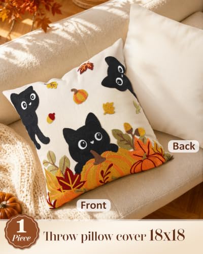 Fall Embroidered Throw Pillow Cover 18x18 Inch, Cat Pumpkin - color: Cat Pumpkin, size: 18" x 18" (Pack of 1)