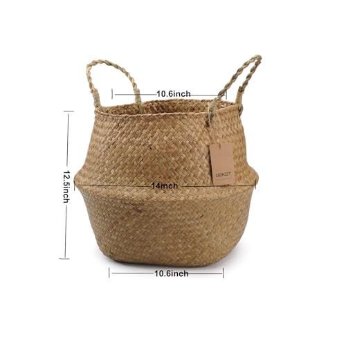 DOKOT Seagrass Plant Basket with Handles, Round Storage Wicker Basket (10.6inch Diameter x 12.5inch Height, Natural) - size: XL (10.6" D x 12.5" H )