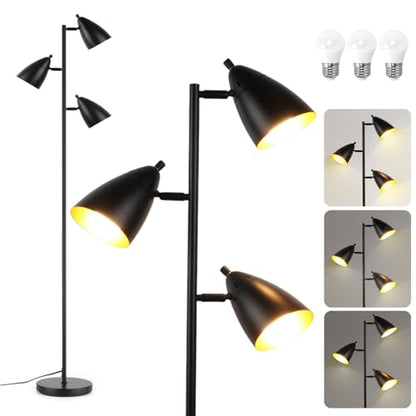 LALISU Tree Floor Lamp for Living Room, Industrial 3-Light Standing Lamp - color: Metal Black
