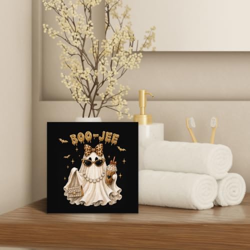 Preppy Halloween Leopard Bow Ghost Wood Box Sign Desk Decor 5X5 - color: Glam Ghost