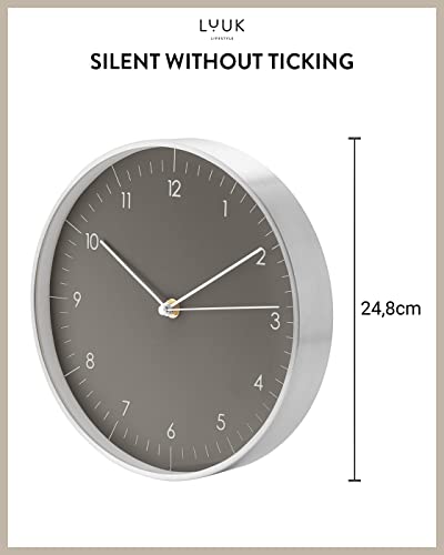 LUUK LIFESTYLE Modern Silent Quartz Wall Clock, 10in, Dark Grey & Silver | Designed in Germany, Simple & Elegant, Non-ticking, Analog, Battery operated, Housewarming gift, for Living room, Bedroom - color: Dark Grey, 10"