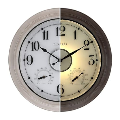 CLXEAST 18" Illuminated Outdoor Clocks for Patio Waterproof - color: Weathered Whitewash