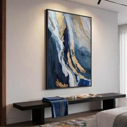Extra Large Framed Navy Blue Abstract Wall Art for Living Room, 40x60 In - color: Blue and Gold, size: 60"L x 40"W