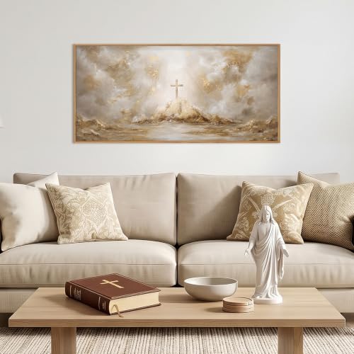 FWIEXA Abstract Christian Jesus Cross Canvas Wall Art Set,Gold Texture Religious Mountain Framed Print,Bible Verse Painting,40x20In Neutral Scripture Faith Cross Artwork for Living Room,Bedroom,Church - color: Religion Christ Cross, size: 40"L x 20"W