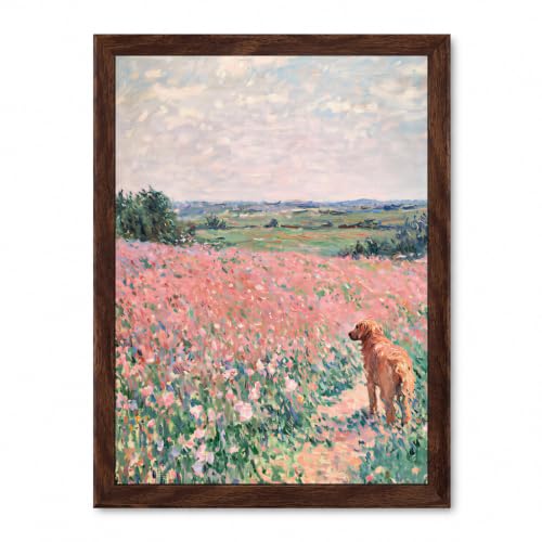 Vintage Floral Dog Canvas Wall Art Framed Rustic Decor 16X12 Inch | Ready hang Romantic countryside dog floral meadow painting prints picture poster rustic farmhouse living bedroom entryway - color: Pink Wildflower Field 08, size: 16"L x 12"W