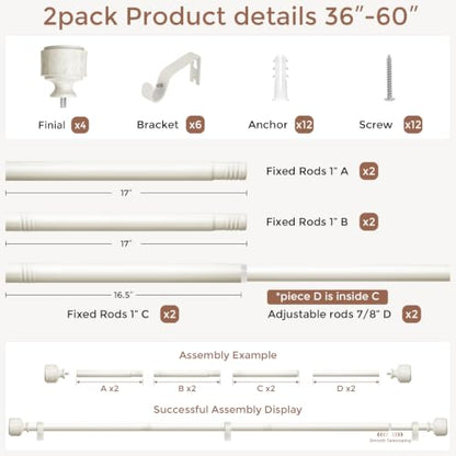 2 Pack Antique White Wood Curtain Rod 36-60 Inch, Farmhouse Rods - color: Off White, size: 36"-60" (2 Pack)