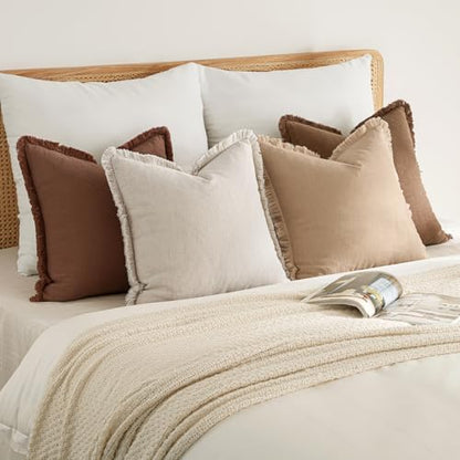 MIULEE Fall Linen Fringe Pillow Covers Set of 4 20x20 Beige/Brown - color: Brown, size: 20" x 20" (Pack of 4)