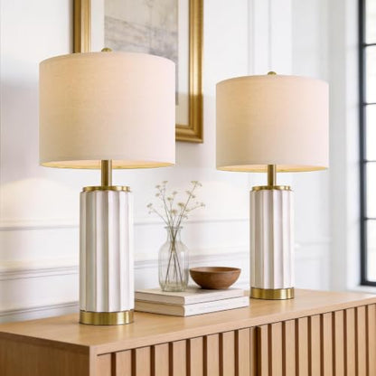 USumkky 25.75" Off-White Ceramic Table Lamp Set of 2, Mid Century Modern Bedside Nightstand Lamps for Bedroom Living Room, Linen Shade & Gold Metal Base, Rotary Switch E26 (Bulbs Excluded) - color: 25.75" Fluted Column-2 Pack