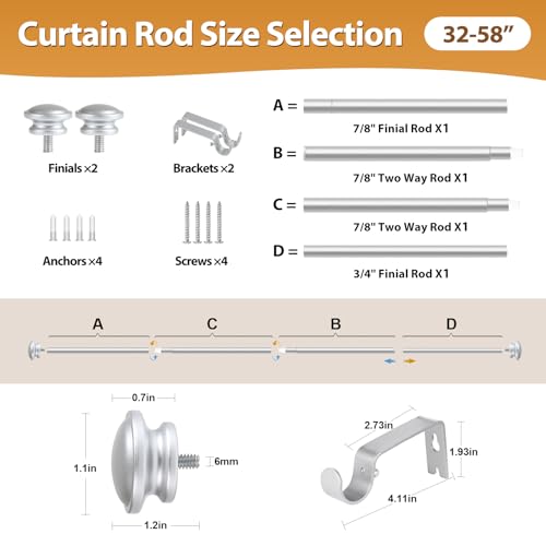 TONIAL Curtain Rods for Windows, 32 to 58 Inch, Silver, Single Drapery Rod - color: Silver, size: 32-58"