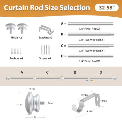 TONIAL Curtain Rods for Windows, 32 to 58 Inch, Silver, Single Drapery Rod - color: Silver, size: 32-58"