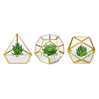 Mkono 3 Pack Fake Succulents in Geometric Glass Terrarium Gold Office Decor - color: Gold,green,clear