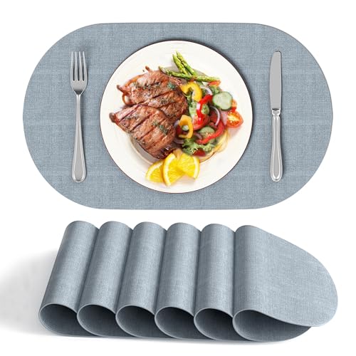 DOLOPL Oval Placemats Set of 6, Dusty Blue Faux Leather Table Place Mats - color: Dusty Blue, size: Medium: 11.8" x 17"