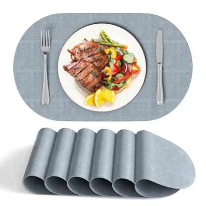 DOLOPL Oval Placemats Set of 6, Dusty Blue Faux Leather Table Place Mats - color: Dusty Blue, size: Medium: 11.8" x 17"