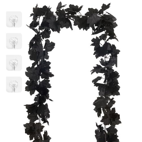 13 FT Black Garland Halloween 2pcs Artificial Black Maple Leaf Garlands Fall Leaves Vines for Autumn Thankgiving Halloween Decoration for Home - color: 2 Pc Black Leaves Garland, size: Fall Garland