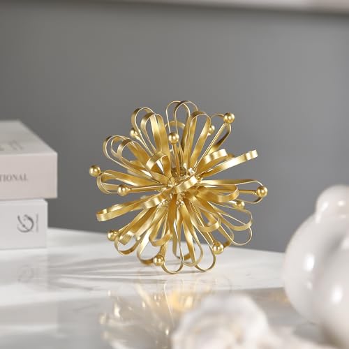 6.7" Gold Metal Starburst Tabletop Sculpture- with Ribbon & Beaded Edges