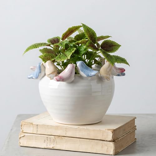 Stoneware Planter with Colorful Birds on Rim, Reactive Glaze Decorative