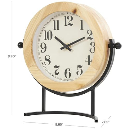 Deco 79 Wood Clock with Curved Black Metal Stand and Ball Details, 10" x 3" x 10", Light Brown