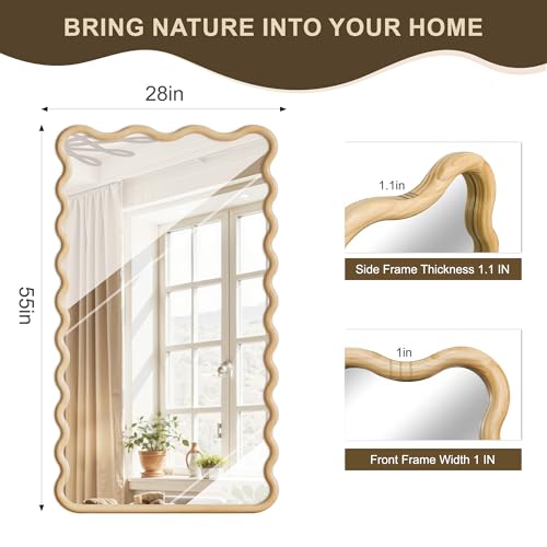 Full Length Mirror, 55”x28” Wavy Wood Floor Mirror for Wall - size: 55"L x 28"W