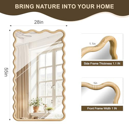 Full Length Mirror, 55”x28” Wavy Wood Floor Mirror for Wall - size: 55"L x 28"W