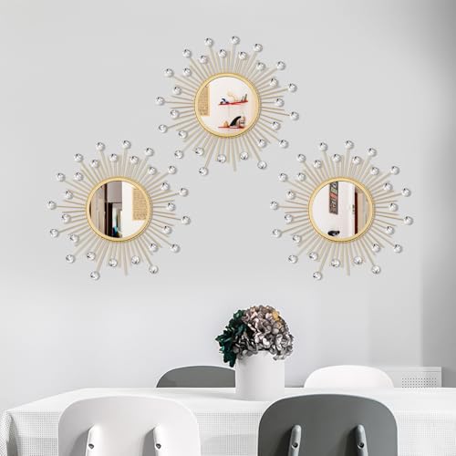 3 Pack Metal Mirrors for Wall Sunburst Wall Mirror Gold Crystal Home Accent - color: Gold Crystal