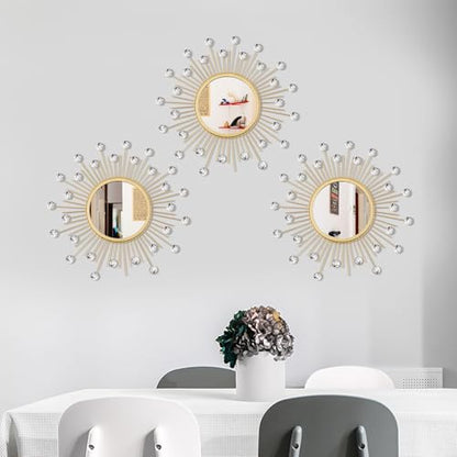 3 Pack Metal Mirrors for Wall Sunburst Wall Mirror Gold Crystal Home Accent - color: Gold Crystal