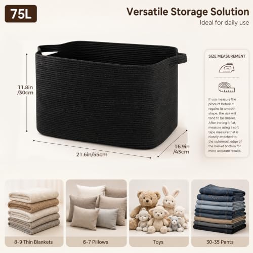 OIASKET 70L Large Blanket Basket, 21.6" x 16.9" x 11.8" Woven Basket - color: Black, size: 21.6"x16.9"x11.8"