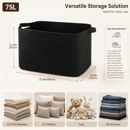 OIASKET 70L Large Blanket Basket, 21.6" x 16.9" x 11.8" Woven Basket - color: Black, size: 21.6"x16.9"x11.8"