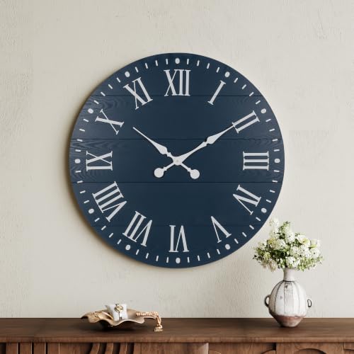 Large Wall Clock with Roman Numeral, 24” Shiplap Farmhouse Clock - color: Blue, size: 24 Inch