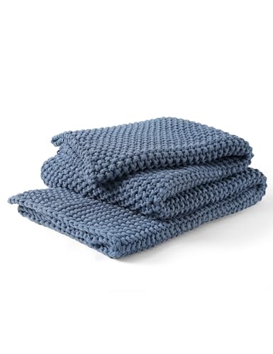 YnM Chunky Cotton Knit Throw Blanket, Cable Knit Throws for Bed Couch Sofa, Comfy & Relaxing, Decorative Piece for Farmhouse Modern Boho Rustic Scandinavian Chic Vibe, Denim Blue 60x80 Inches - color: Denim Blue - Medium Weight, size: Full / Queen