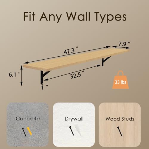 DINZI LVJ Long Wall Shelves, 47.3Inch Wooden Floating Shelves with Brackets - color: Natural, size: 47.3 Inch