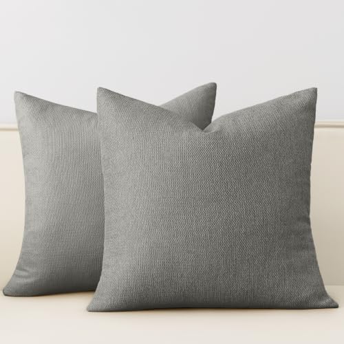 Natural Linen Look Throw Pillow Covers 18x18 inch Set of 2, Textured Woven Decorative Pillow Covers, Neutral Farmhouse Cushion Covers for Couch Sofa Living Room Bedroom Morning Mist Gray - color: Morning Mist Gray, size: 18" x 18" (Pack of 2)