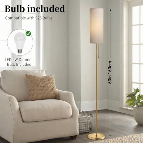 Ldeco Modern Floor Lamp for Living Room, Gold Standing Lamps with 3 Color Temperatures Bulb, Minimalist Tall Lamp with Chain Switch for Bedroom, LED Bulb Included(Beige Shade+Gold) - color: Gold Pole+Beige Shade