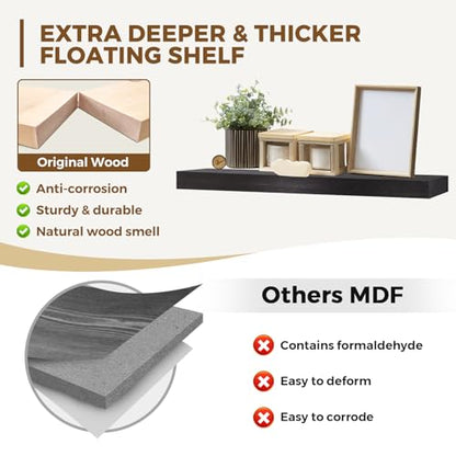 Solid Wood Floating Shelves, 36 Inch Wall Shelves, Set of 2, Black - color: Black, size: 36x8x1.6