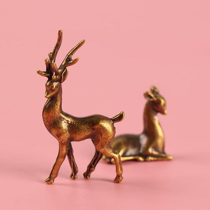 2PC Handcrafted Brass Deer Statues, Small Collectible Decorative Animal Sculptures for Miniature Indoor Decor