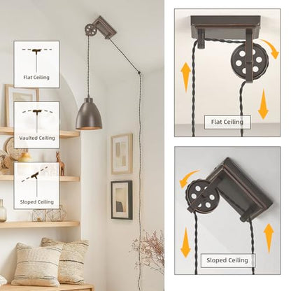8FT Plug in Wall Sconces Pulley Wall Lamps, Oil Rubbed Bronze - color: Oil-Rubbed Bronze