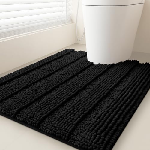ACCUMTEK Striped Black Toilet Bathroom Rug Mat 24" x 20" Contour Rug Ultra Soft, Non Slip Chenille Bath Rugs, Absorbent Plush Shaggy Bath Mats for Bathroom, Bedroom, Kitchen, Shower, Tub - color: Black, size: 1'8" x 2' (U-Shape)