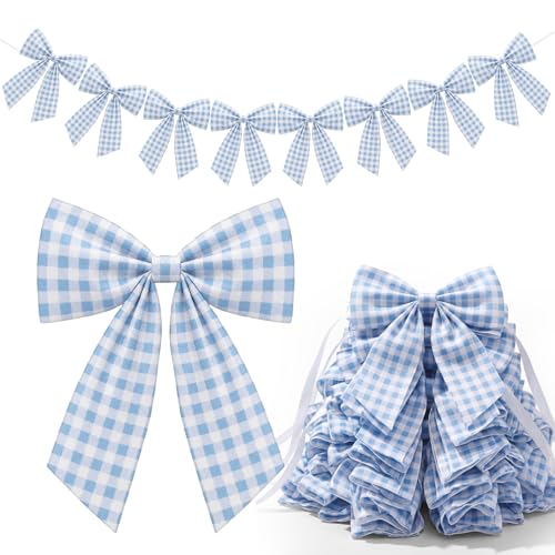 Flutesan 8 Ft Sky Blue Gingham Bow Garland Fabric Banner Farmhouse Decor - color: Sky Blue, style: Gingham