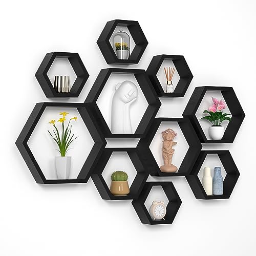 WONFUlity Hexagon Floating Shelves Honeycomb Wall Mounted Wood Farmhouse Storage for Bathroom, Kitchen, Bedroom, Living Room - Driftwood Finish Wall Decor, Black - color: Black, size: 10PC