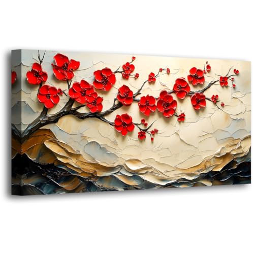 Tree of Life Pictures Canvas Wall Art for Living room Office Bedroom Red Flower Tree Wall Decor,Yellow Abstract Wall Art Print Paintings Modern Plum Blossom Mountain Artwork Ready to Hang-20x40inch - color: Red Flower Tree of Life, size: 40"L x 20"W