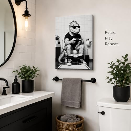 Canvas Wall Art Funny Dinosaur Framed Style Powder Room Accent 12x16 Inch - color: Funny Dinosaur, size: 16"L x 12"W