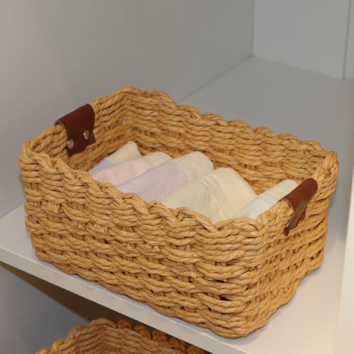 QINGTUHONE Woven Paper Rope Wicker Basket for Organizing(Set of 3,Desert) - color: Desert color