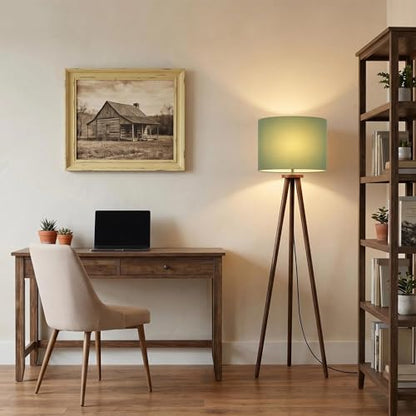 Buruis 60.6 Inch Walnut Wood Tripod Floor Lamp with Linen Drum Shade, Green - color: Green