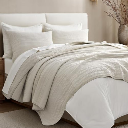 EVERGRACEHOME 100% Cotton Modern Lines Quilt Set King Size, Birch - color: Birch, size: King (108" X 92")