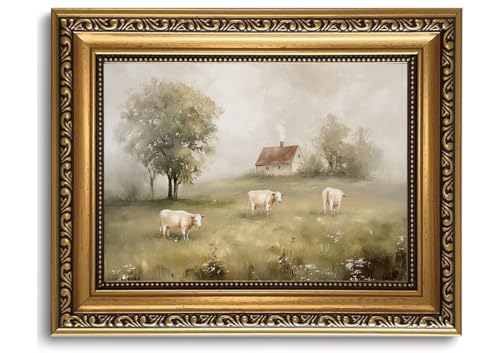Vintage Farmhouse Cow Gold Framed Wall Art 8x10 | Rustic Farmhouse Wall Decor, Cow Landscape Canvas Print, Pastoral Countryside Picture - color: Cow pasture, size: 10"L x 8"W