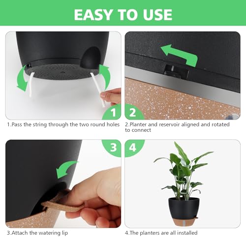 12" 10" 9" 8" Self Watering Pot for Indoor Plants, Large Plastic Planters Set with Water Level Indicator Deep Reservoir Tray, Bottom Watering Big Flower Pots with Mesh Drainage Hole - Black - color: Black